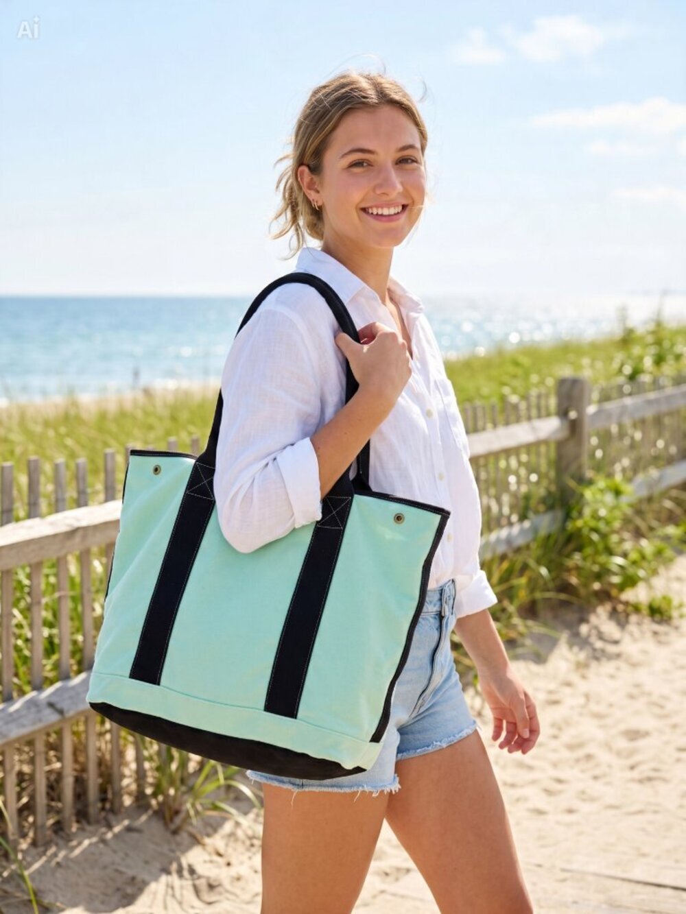 Joe fresh Mint Canvas Slouchy‎ Tote Bag with Navy Straps